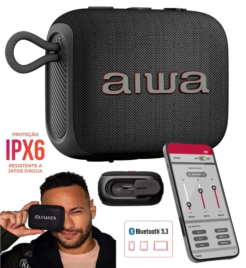 Caixa De Som Speaker Aiwa Portátil Bluetooth 5.3 IPX6 Prova D'água TWS 7W RMS