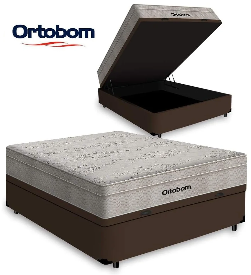 Cama Box Casal com Baú e Colchão De Molas Ensacadas Ortobom Airtech Springpocket