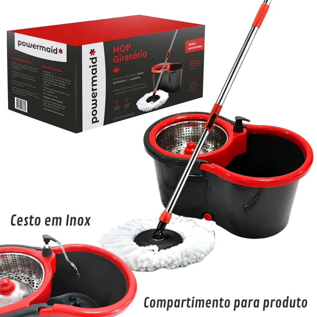 Mop Giratório Pró Centrífuga 360 em Inox Com Cesto e Dispenser Para Sabão