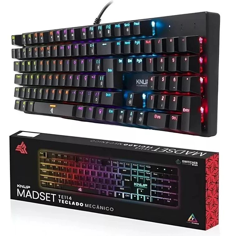 Teclado Mecânico Gamer Switch Blue LED RGB 7 Cores Rainbow ABNT2 USB